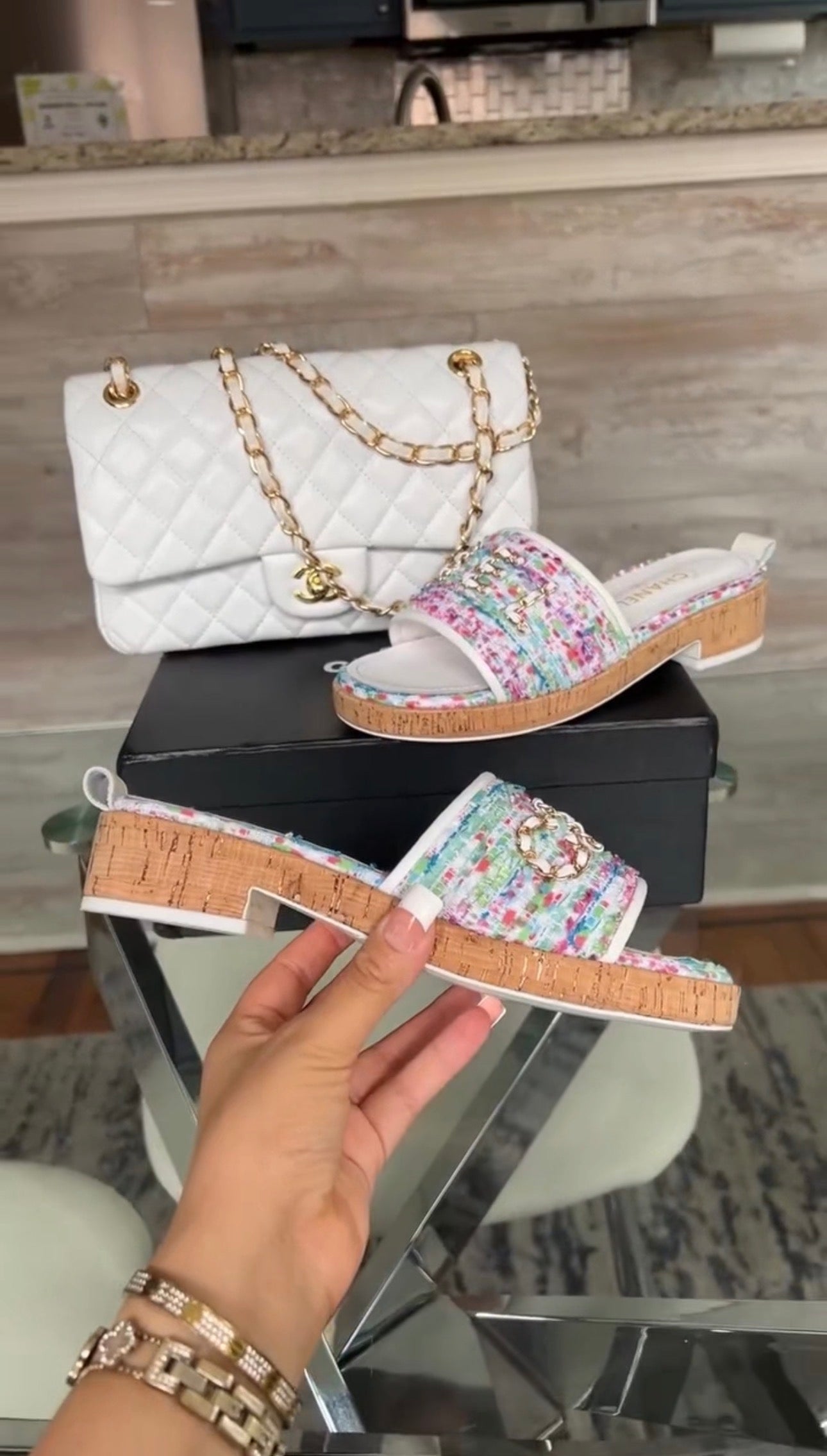 White Bag & Colorful Mule Slides