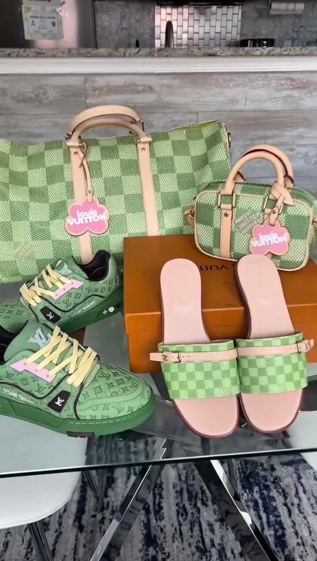 Green Damier Golf Sneakers, Sandals , & Bag Set