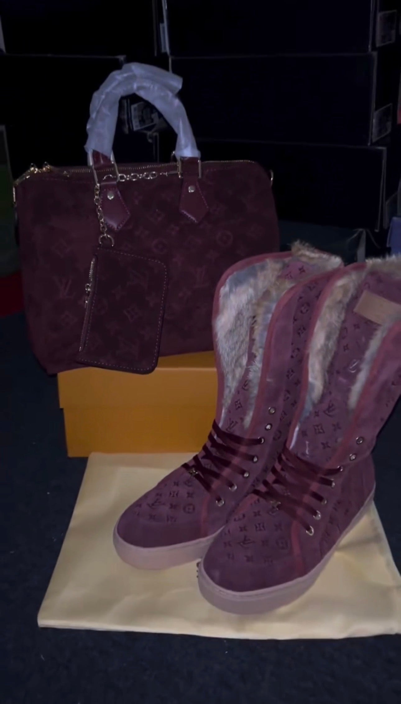 Burgundy Fur Sneakers Boots & Bag Set