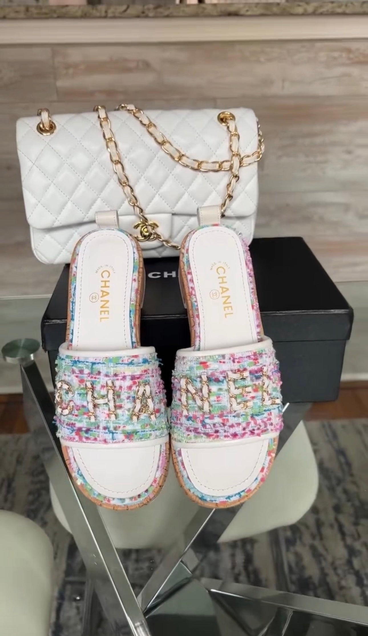 White Bag & Colorful Mule Slides