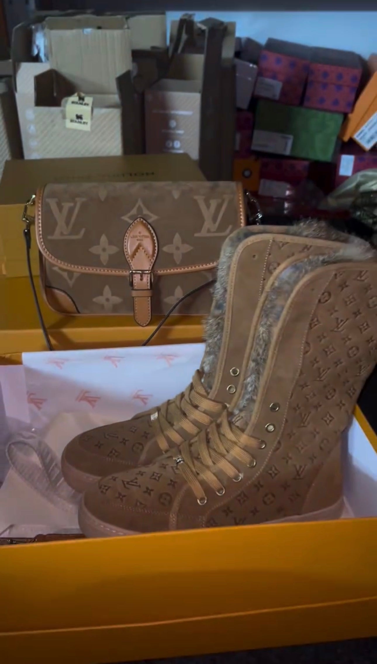 Brown Fur Sneakers Boots & Bag Set