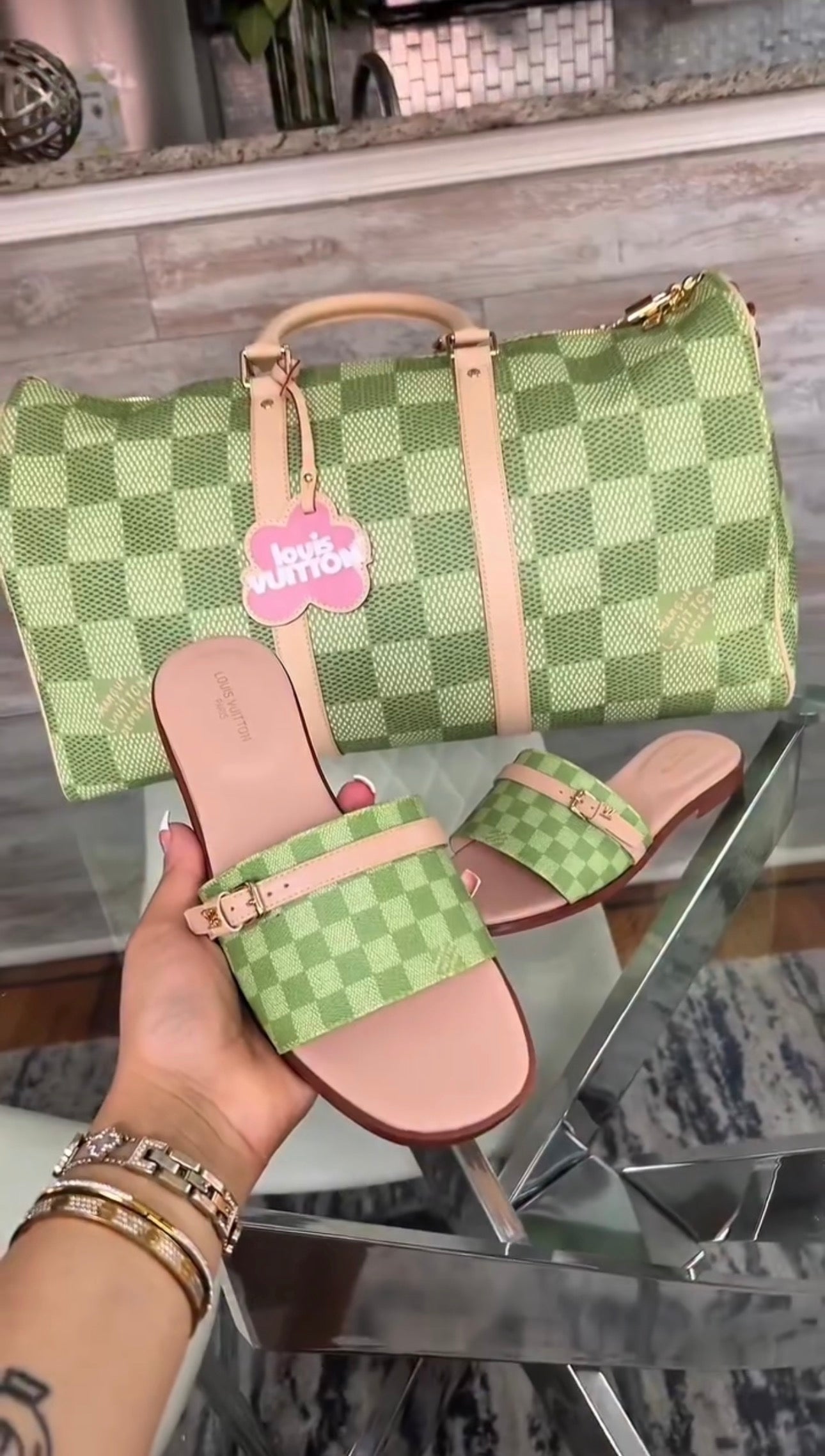Green Damier Golf Sandals & Bag Set
