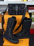 Black LV Fur Sneakers Boots & Bag Set