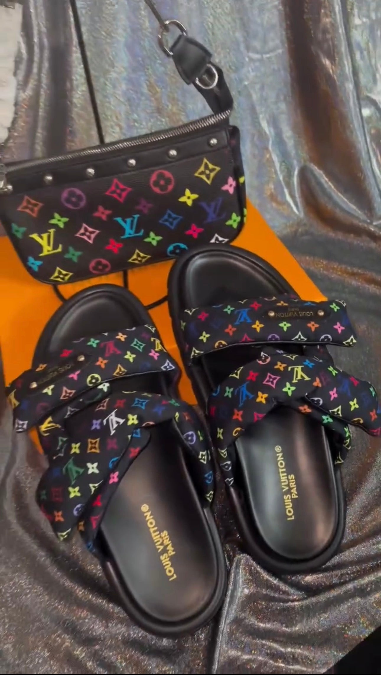 Black Multicolor Bag & Sandals Set