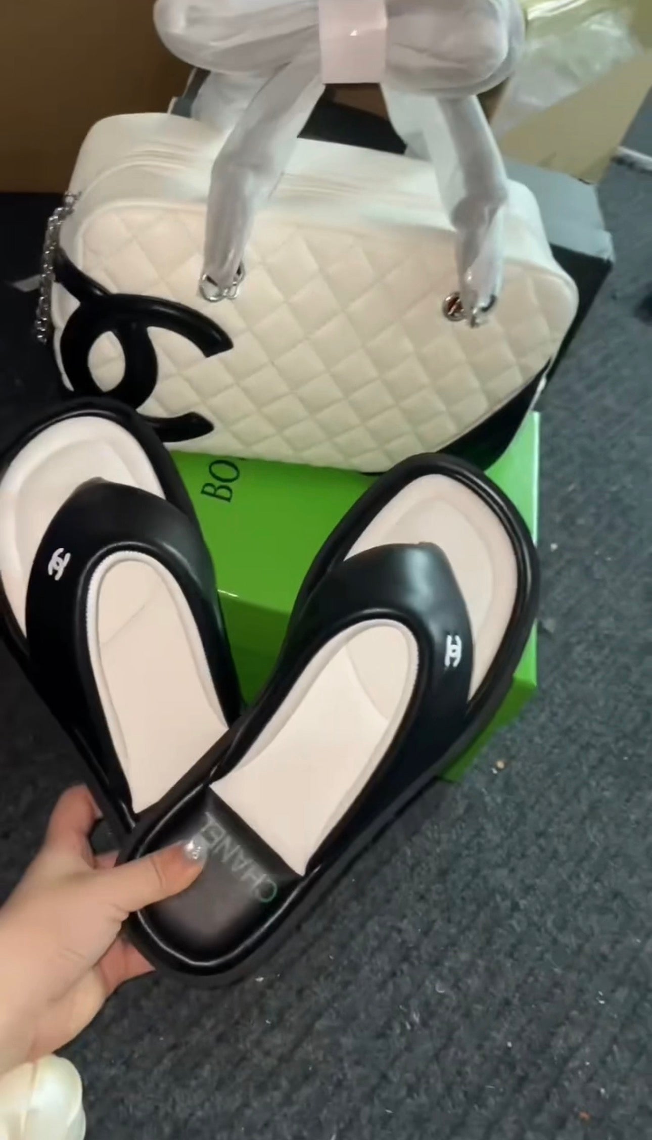 Black/White Sandals & Bag Set