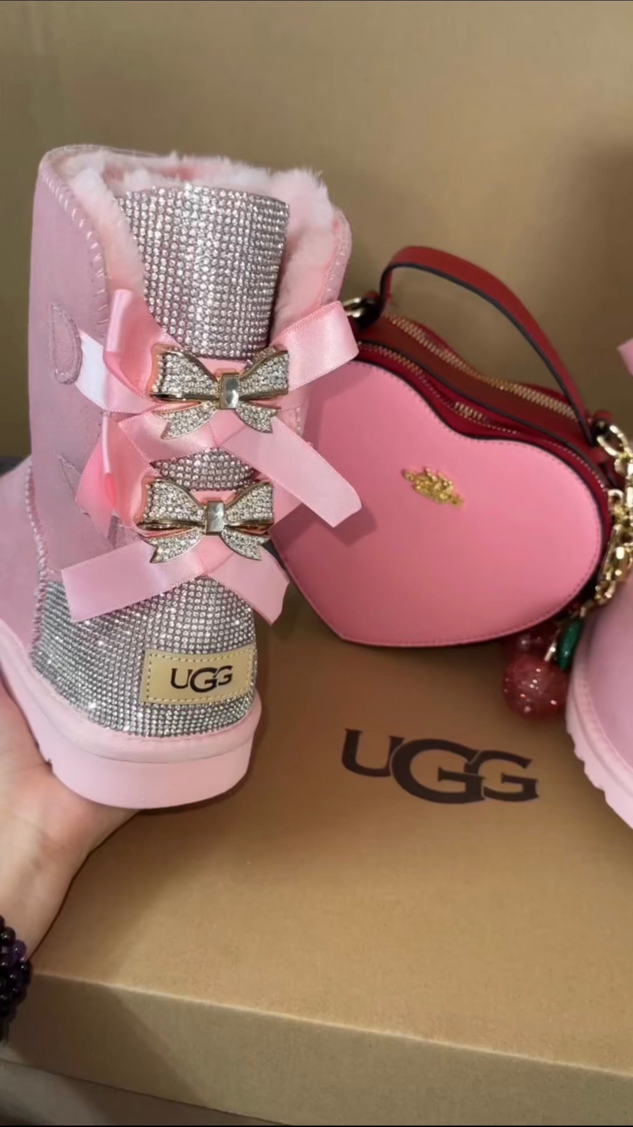 Pink Fur Boots & Heart Bag