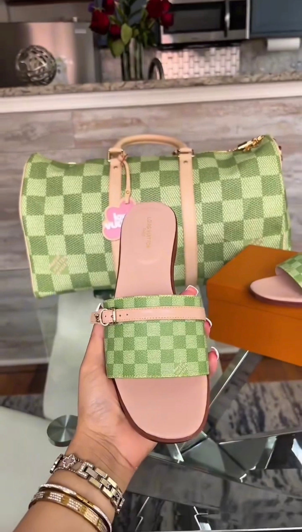 Green Damier Golf Sandals & Bag Set